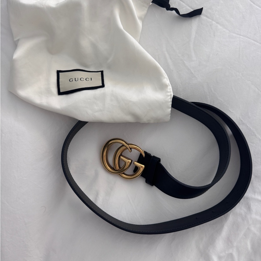 Gucci Midnight Leather Belt with Golden GG Buckle